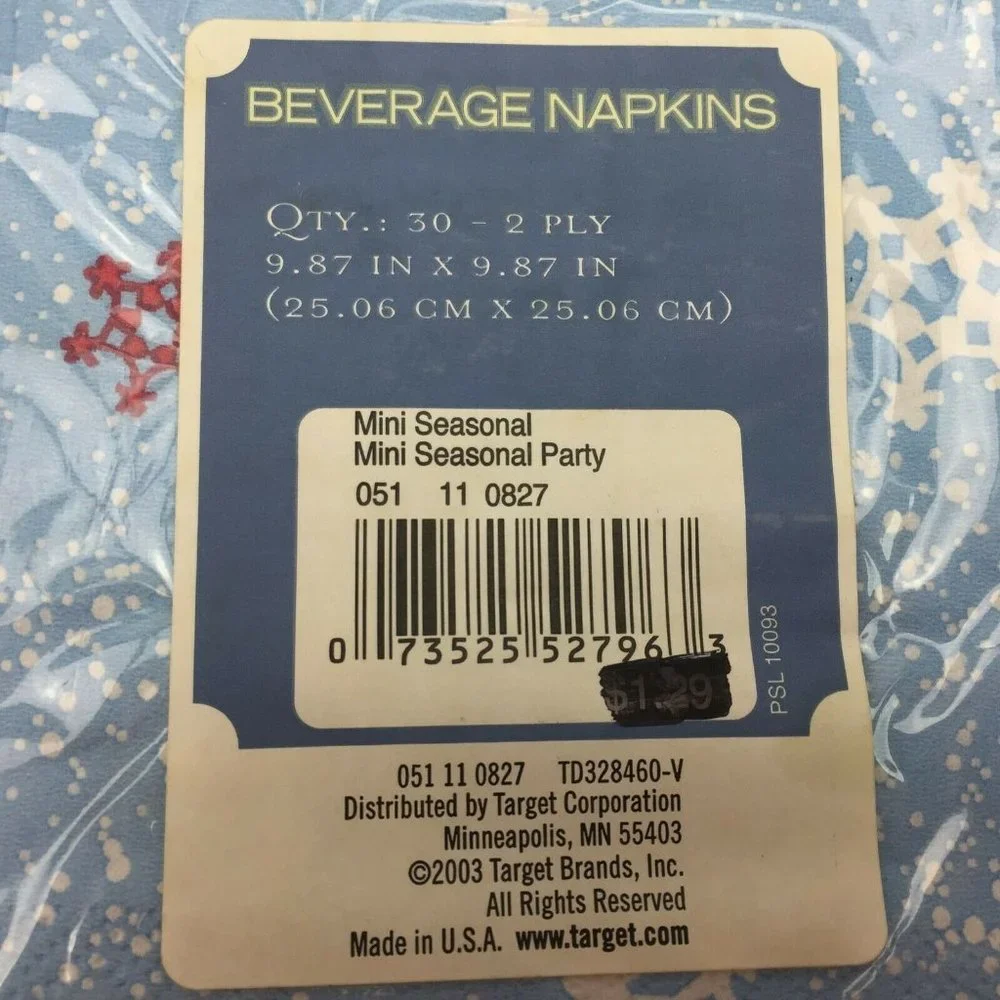 Beverage Napkins Mini Seasonal Party Blue Snowflakes Red White 60 Count